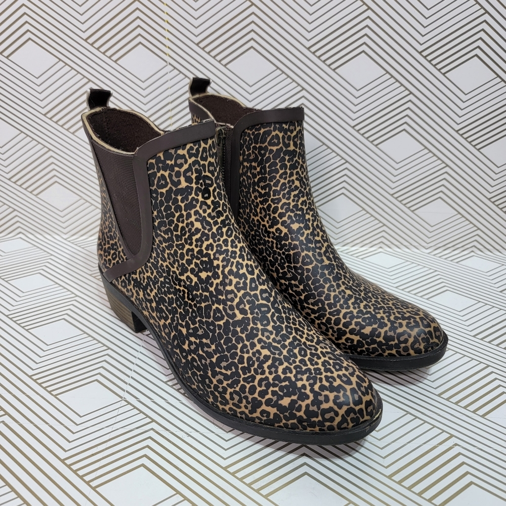 Lucky Brand Women's Basel H2O Rain Boots Sesame Leopard Print Zip-up Size 10 US.